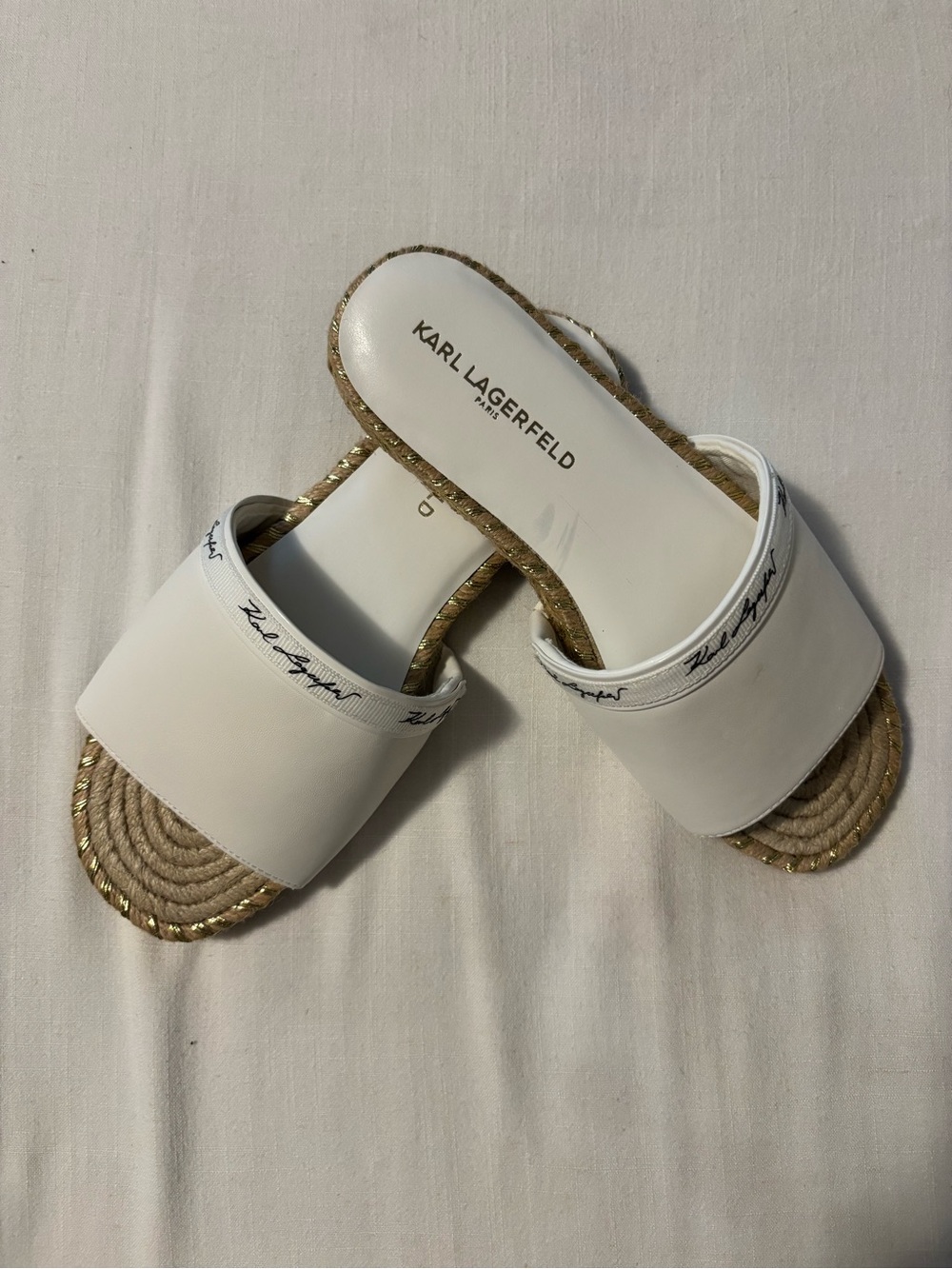 Karl Lagerfeld White Slide Sandals with Braided Jute Sole